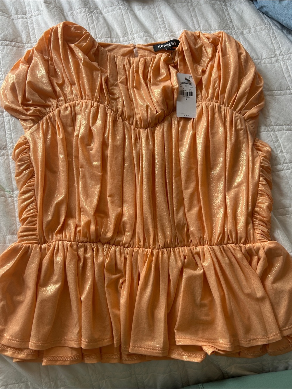 Express Shimmery Peach Ruched Peplum Top